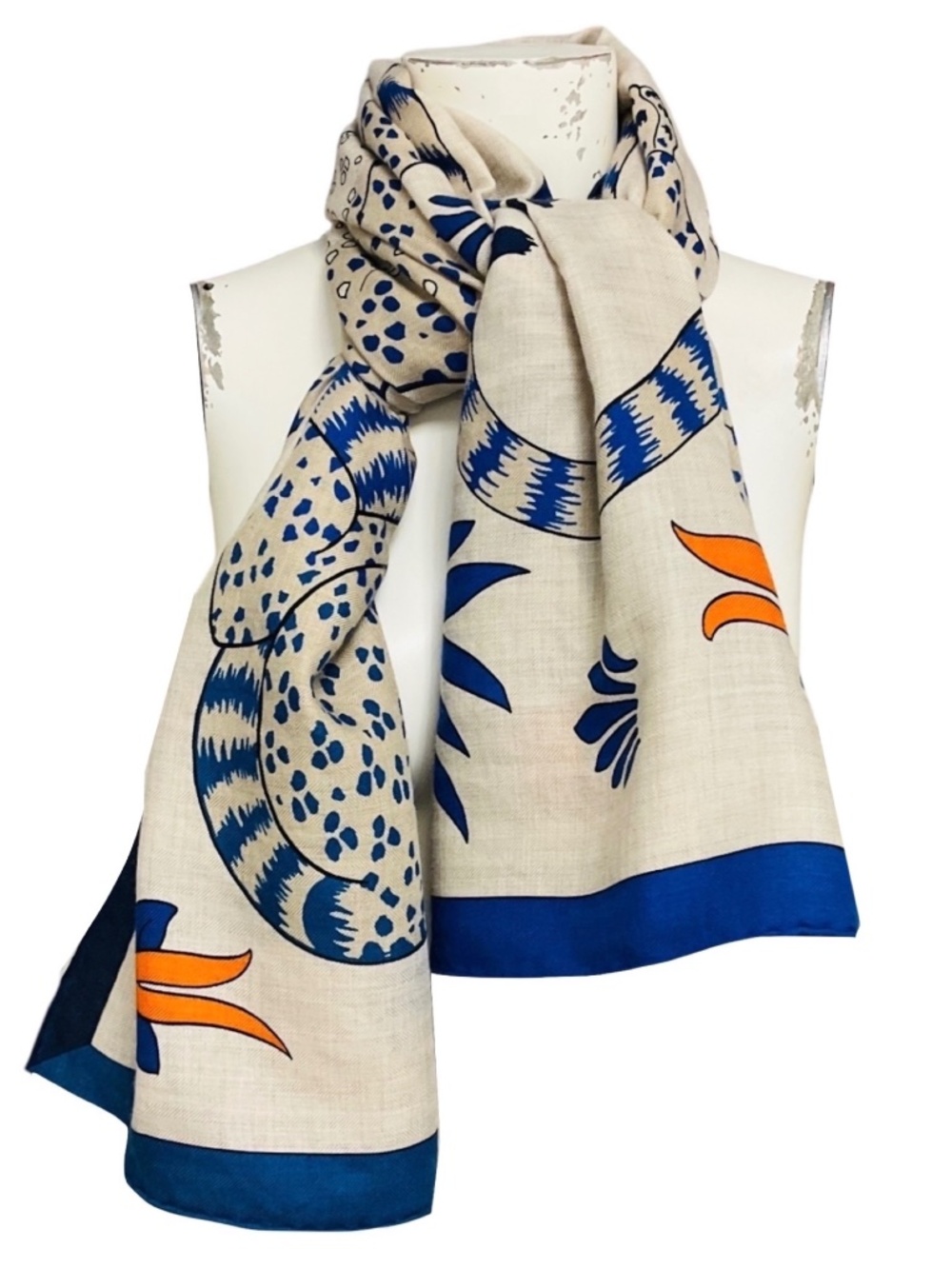 HERMES NATURAL / BLUE / ORANGE LES LEOPARDS LARGE CASHMERE AND SILK SCARF - Picture 3 of 7